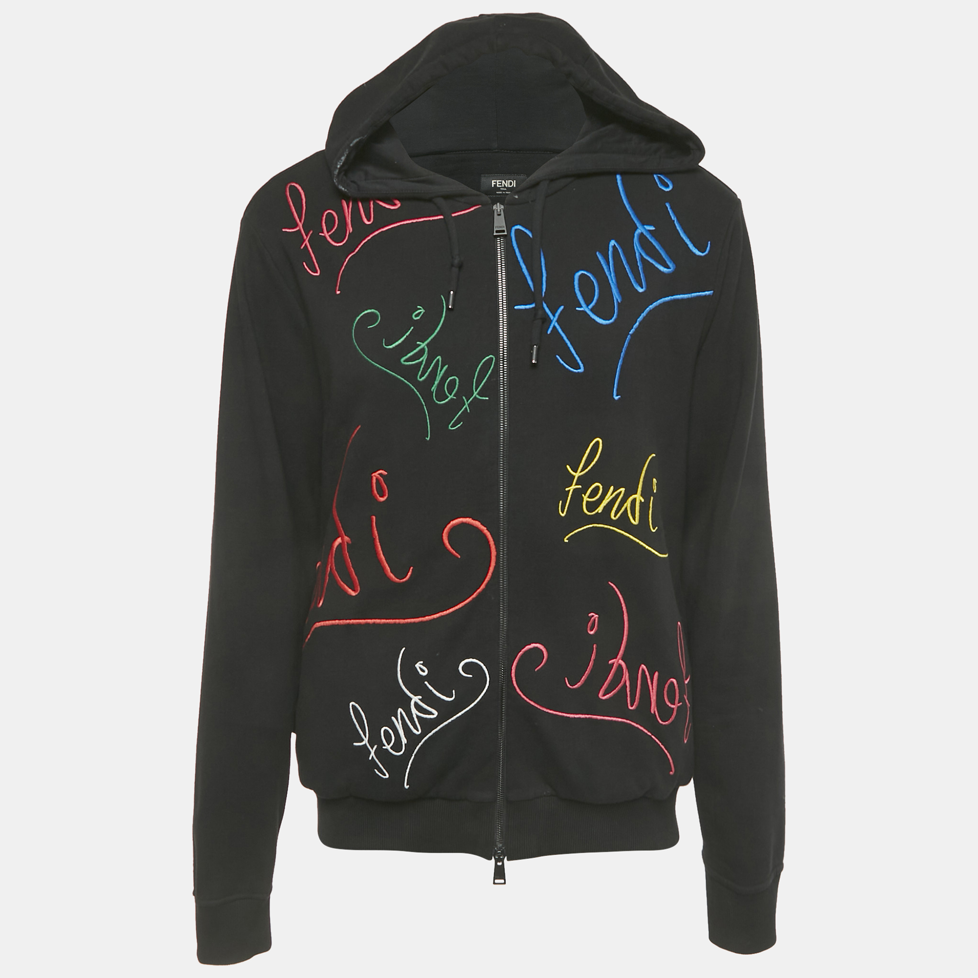 

Fendi Black Logo Embroidered Cotton Zip-Up Hoodie XL
