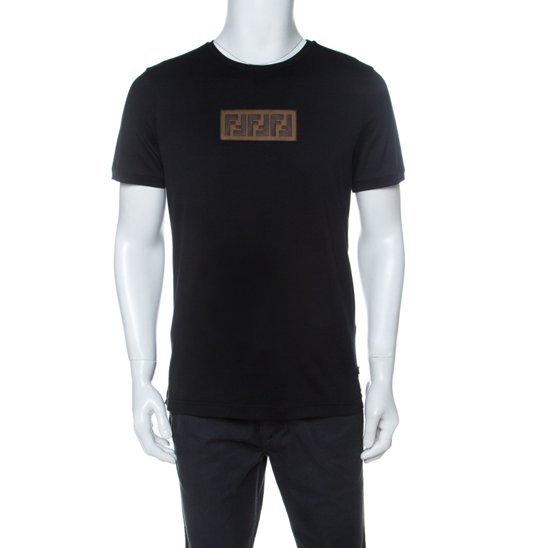 Fendi Black Cotton Zucca Logo Embroidered T Shirt L