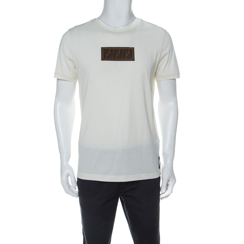 Pre Owned Fendi Off White Cotton Zucca Logo Applique T-Shirt L