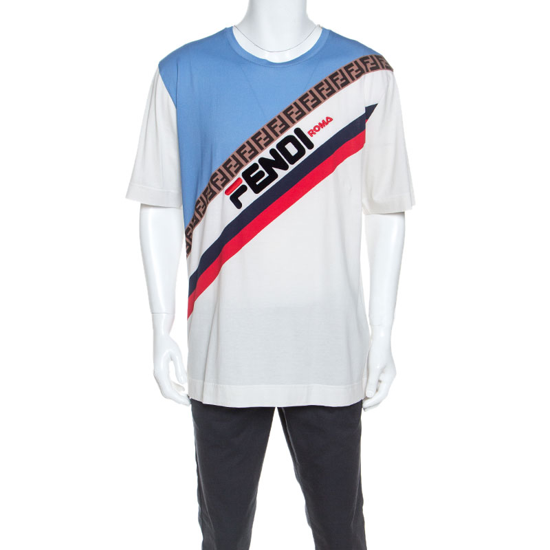 Fendi Multicolor Diagonal Striped Logo Print Cotton T-Shirt XXL