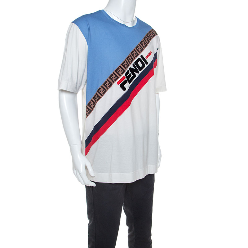 

Fendi Multicolor Diagonal Striped Logo Print Cotton T-Shirt