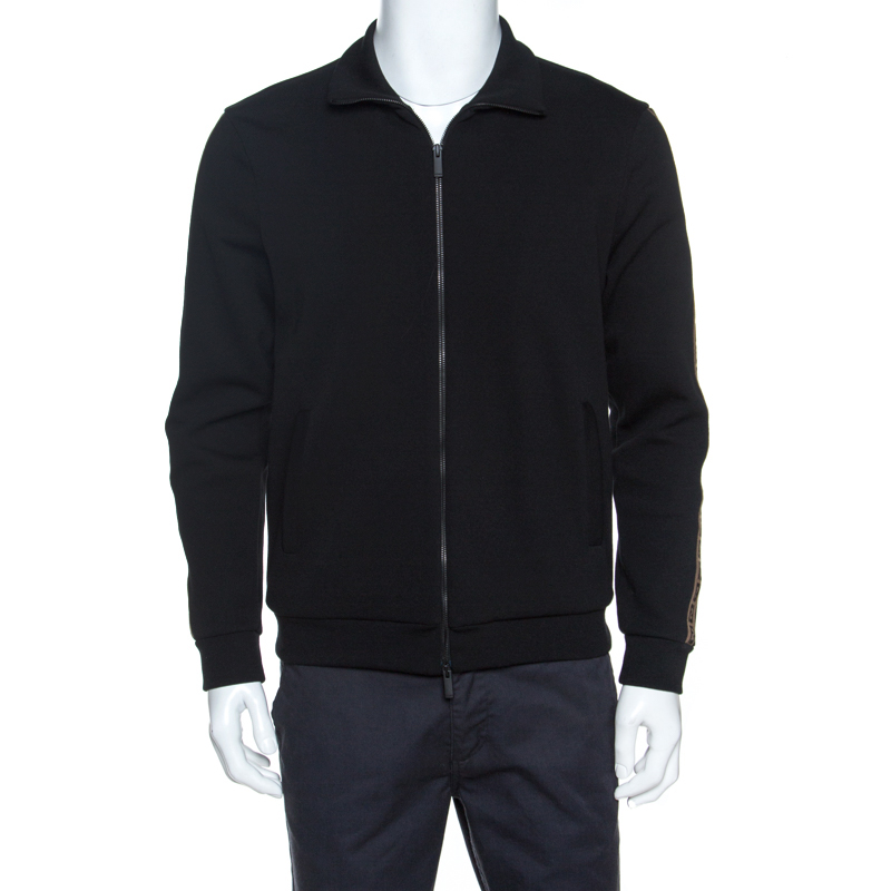 Pre-owned Fendi Black Knit Sleeve Logo Tape Detail Zip Front Jacket M