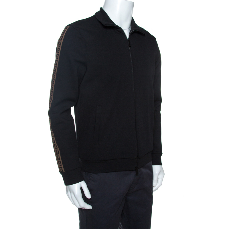 

Fendi Black Knit Sleeve Logo Tape Detail Zip Front Jacket