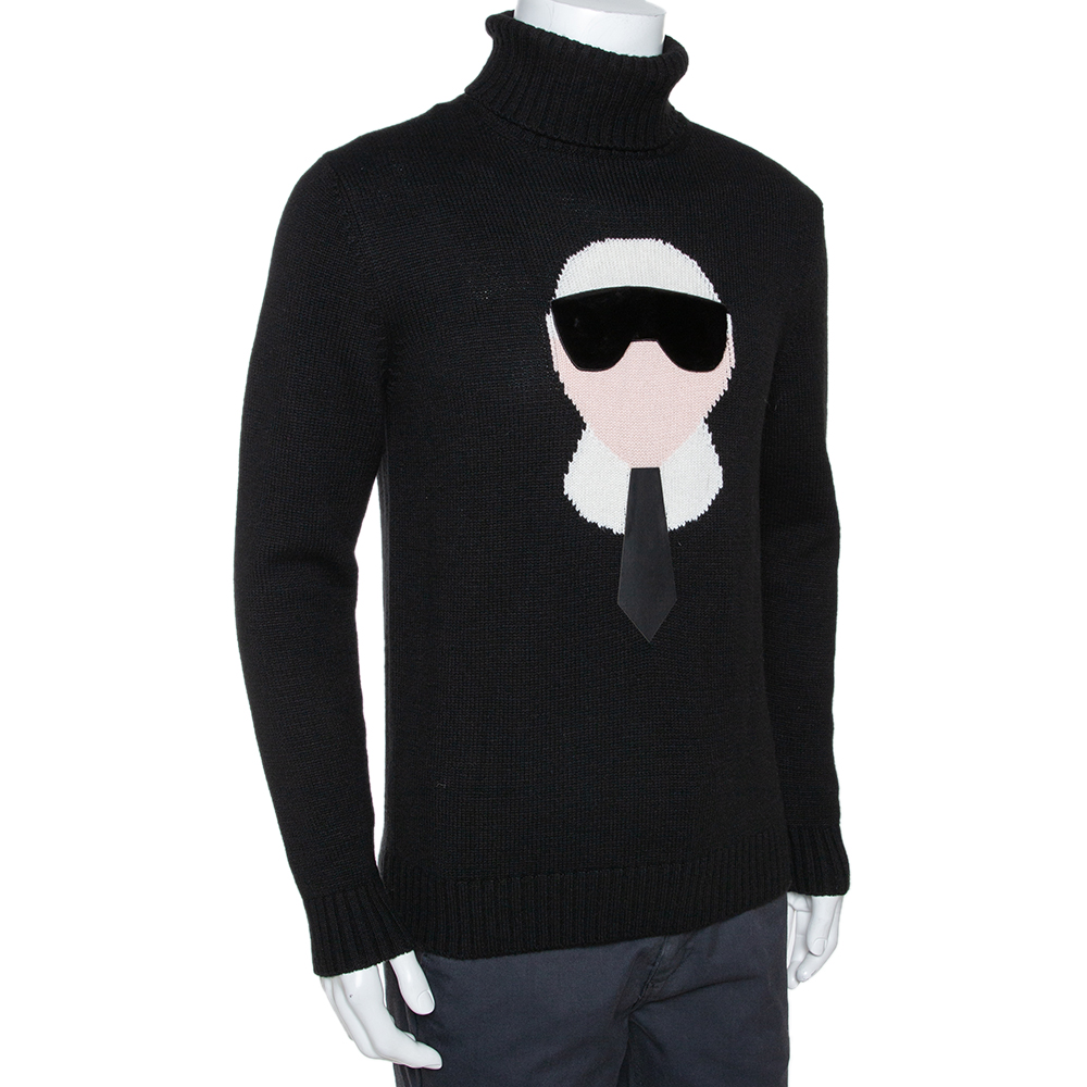 

Fendi Black Cashmere Intarsia Knit Karlito Turtleneck Sweater