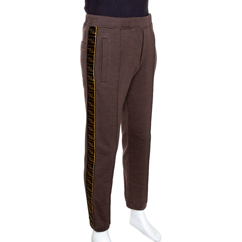 

Fendi Brown Knit & Satin Logo Stripe Detail Track Pants