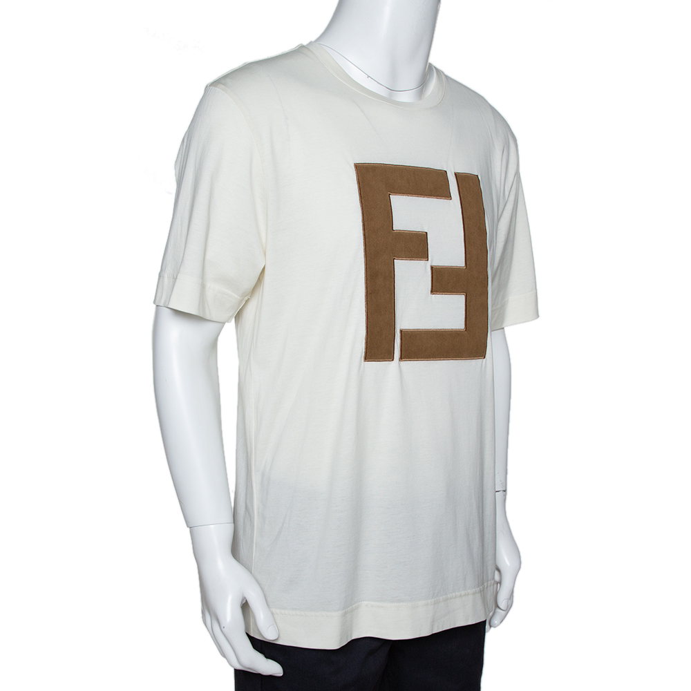 

Fendi Off White Cotton Knit Appliquéd Logo Crew Neck T-Shirt, Cream