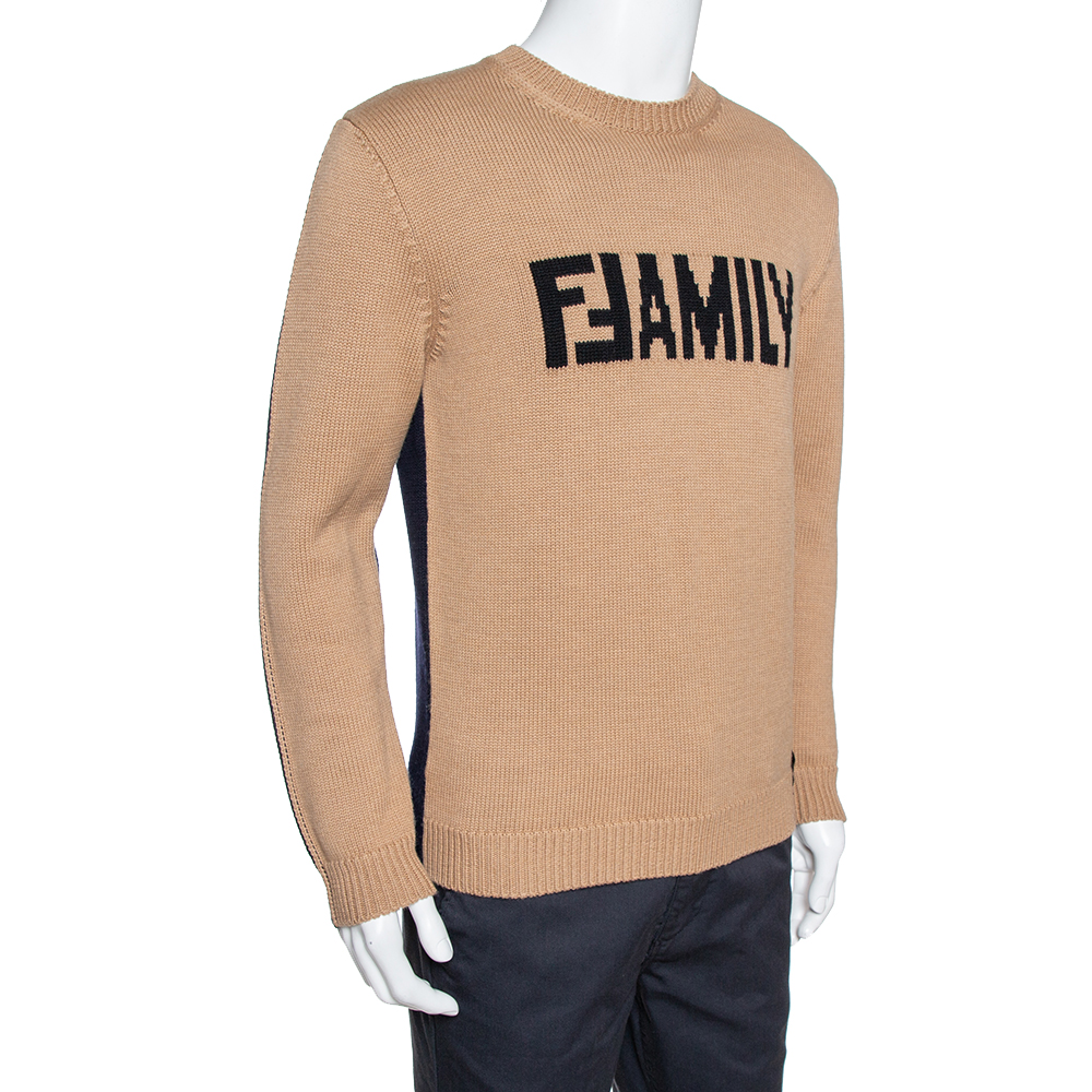 

Fendi Bicolor Family Embroidered Wool Knit Pullover, Beige