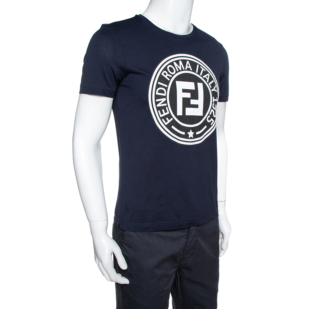 

Fendi Navy Blue FF Logo Print Cotton Crew Neck T-Shirt