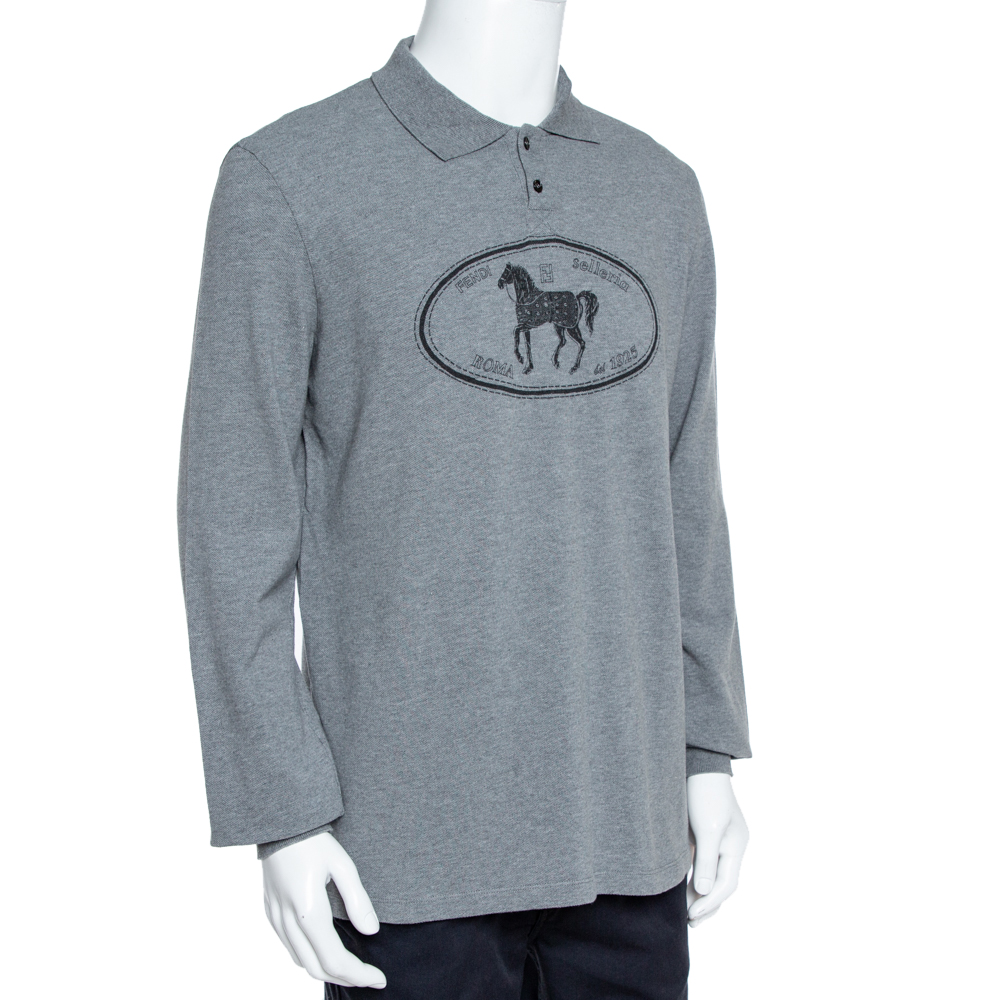 

Fendi Grey Cotton Selleria Long Sleeve Polo T-Shirt