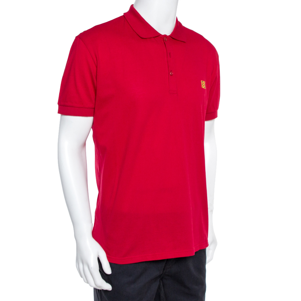 

Fendi Red Cotton Pique FF Logo Detail Polo T-Shirt 3XL