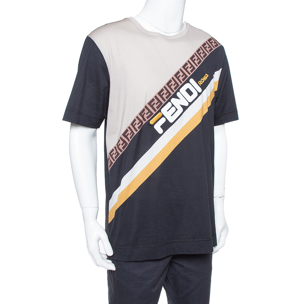 

Fendi Black Color Block Cotton Logo Printed Roundneck T-Shirt