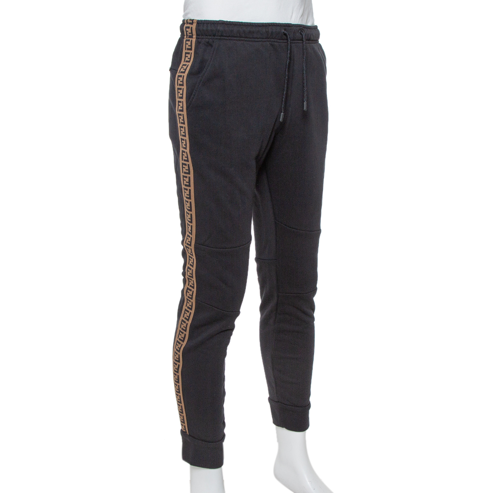 

Fendi Black Cotton Logo Side Stripe Detail Paneled Joggers