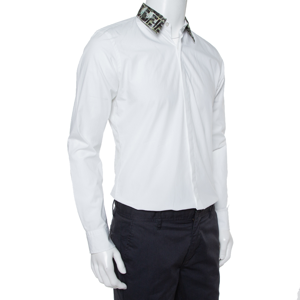 

Fendi White Cotton Camou Collar Detail Button Front Shirt