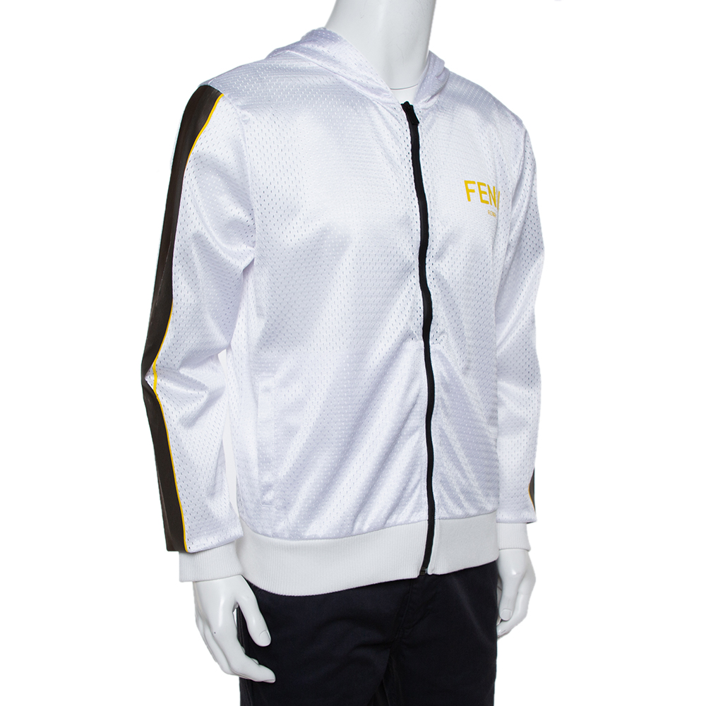 

Fendi White Mesh Logo Printed Hooded Jacket