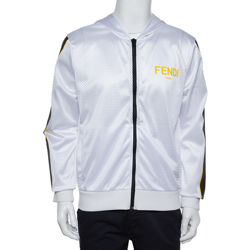 Pre-owned Fendi White Mesh Logo Printed Hooded Jacket L
