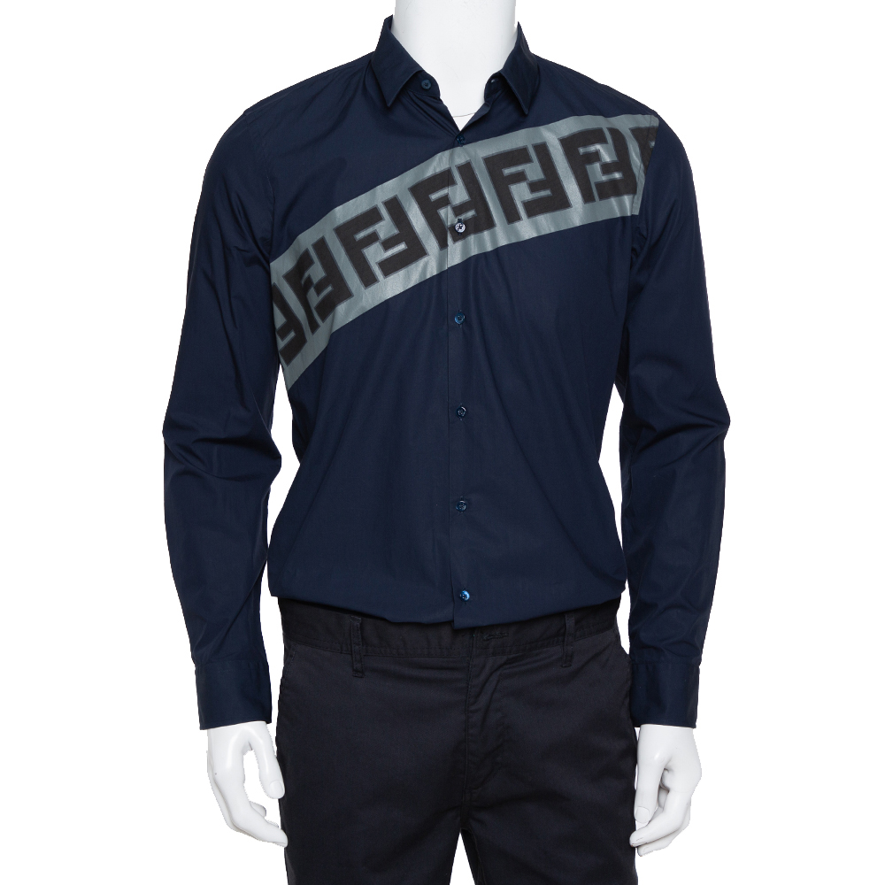 Pre-owned Fendi Navy Blue Cotton Diagonal Logo Printed Button Front Shirt M