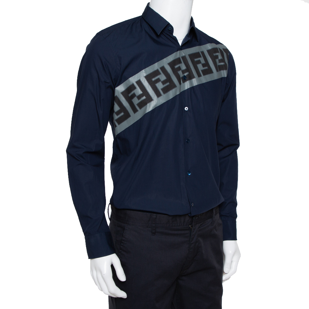 

Fendi Navy Blue Cotton Diagonal Logo Printed Button Front Shirt