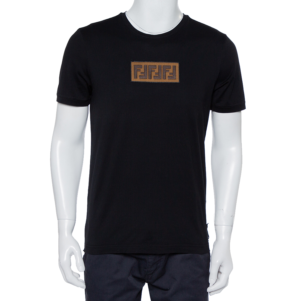 Pre-owned Fendi Black Cotton Logo Embroidered Crewneck T-shirt L