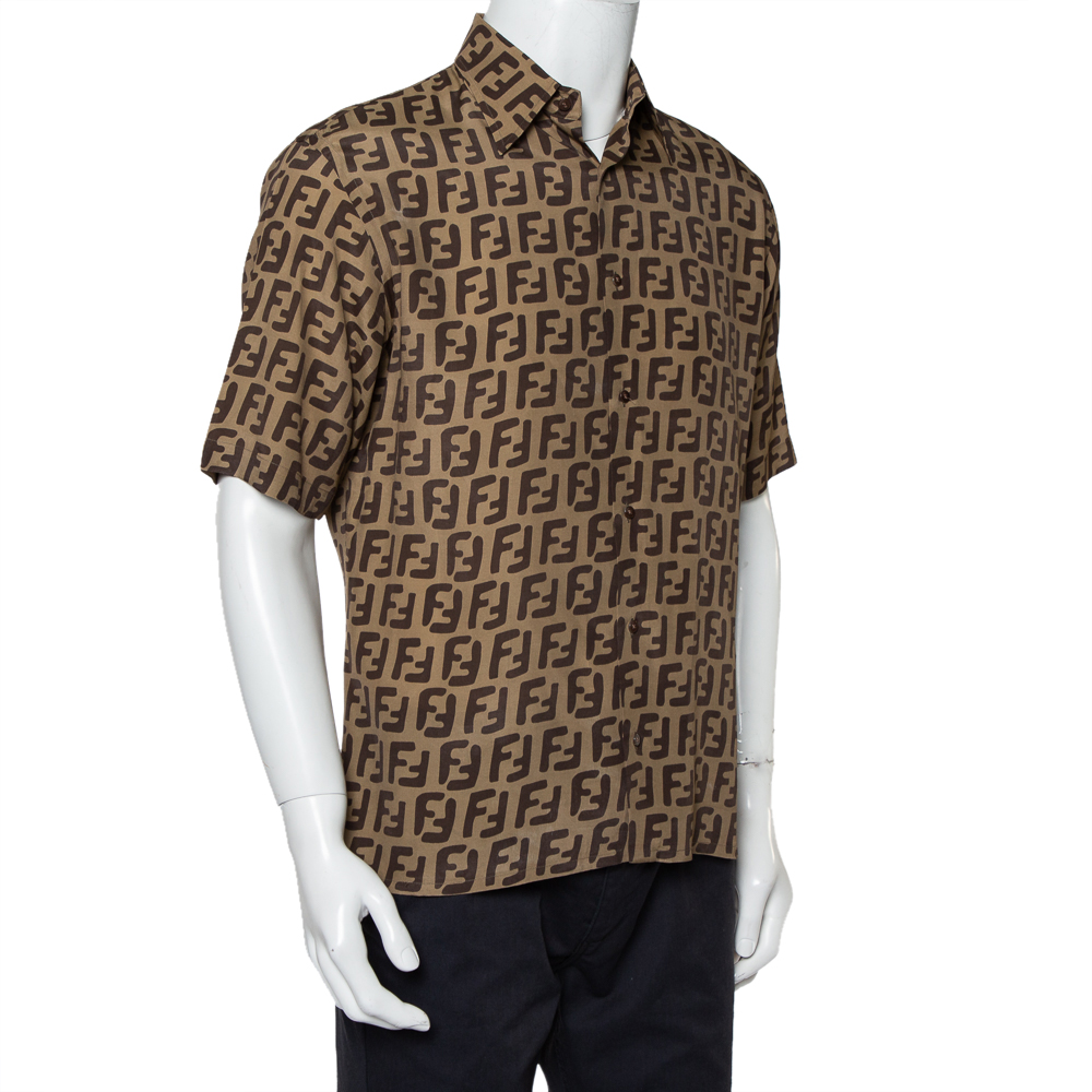 

Fendi Brown Silk All Over Logo Printed Short Sleeve Shirt