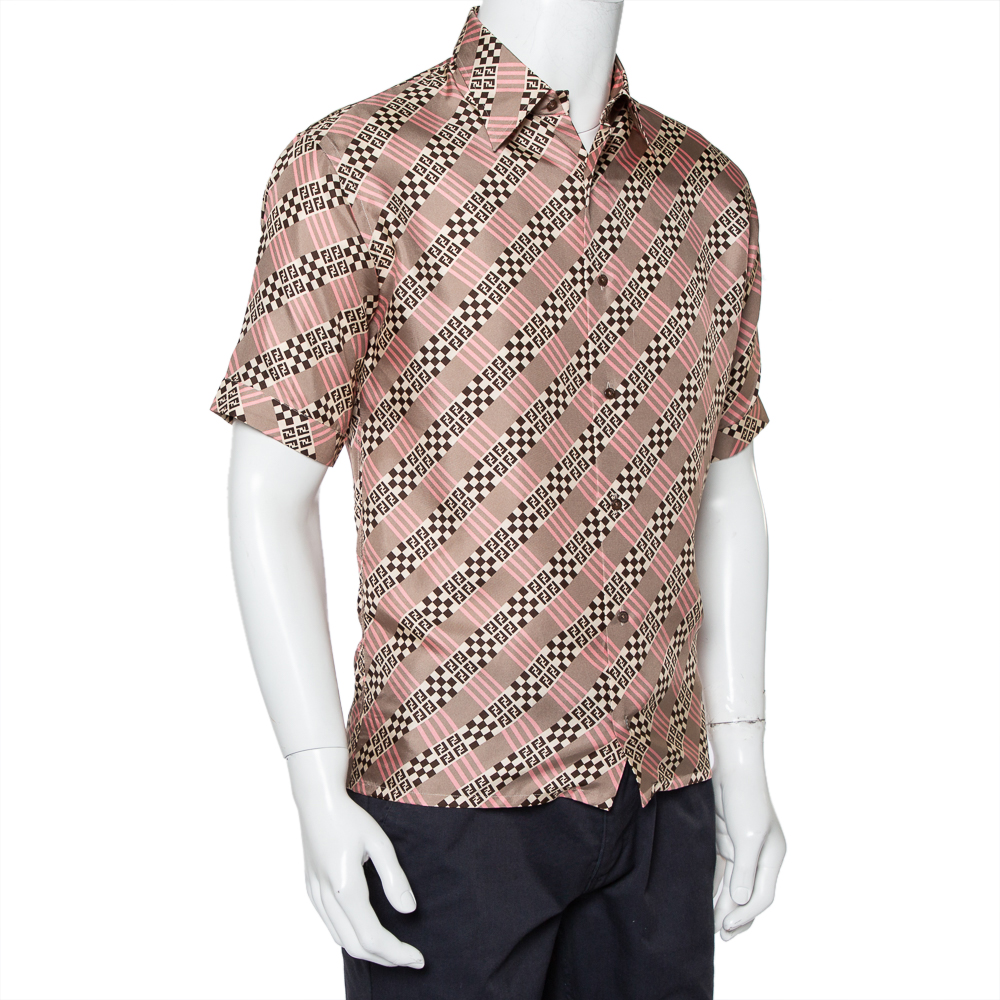 

Fendi Pale Pink Logo Printed Silk Satin Short Sleeve Shirt