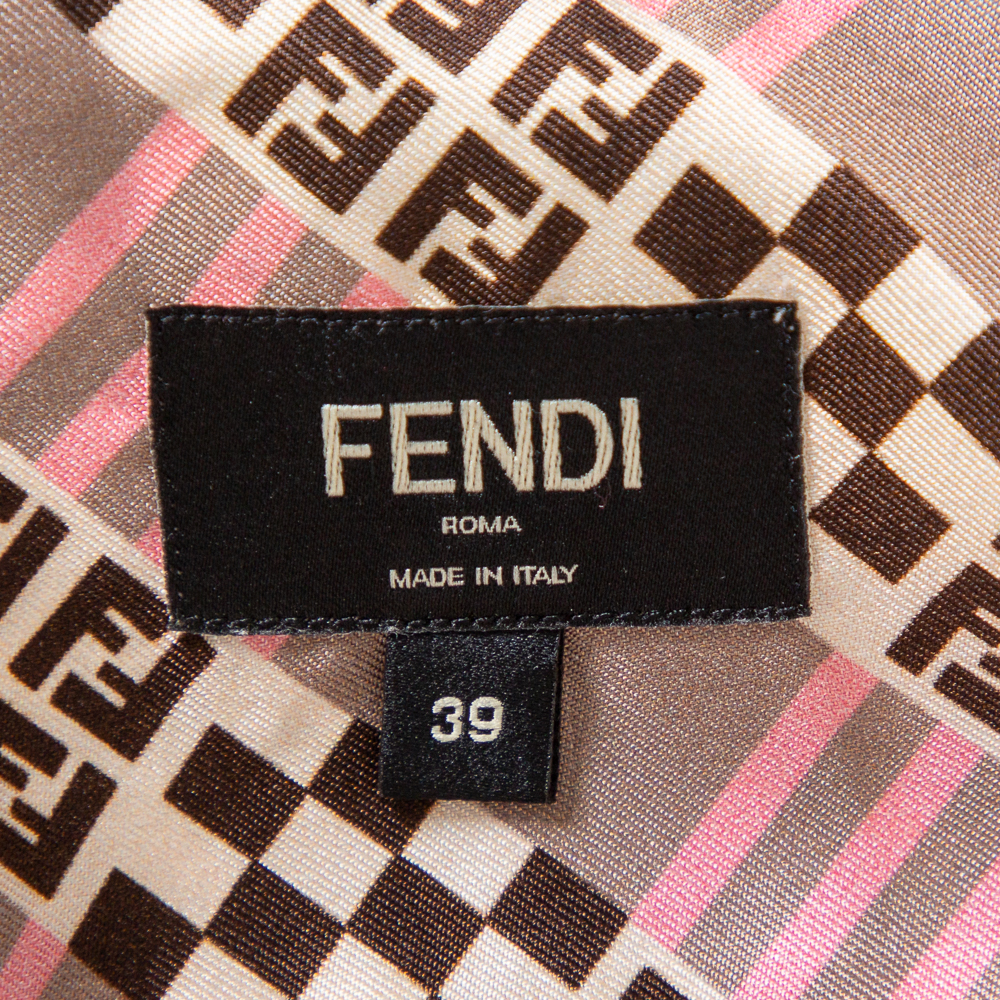 Fendi Pale Pink Logo Printed Silk Satin Short Sleeve Shirt M Fendi
