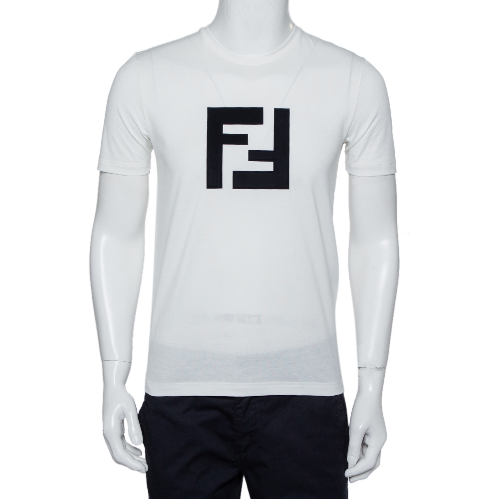 Pre-owned Fendi White Logo Patched Cotton Crewneck T-shirt S