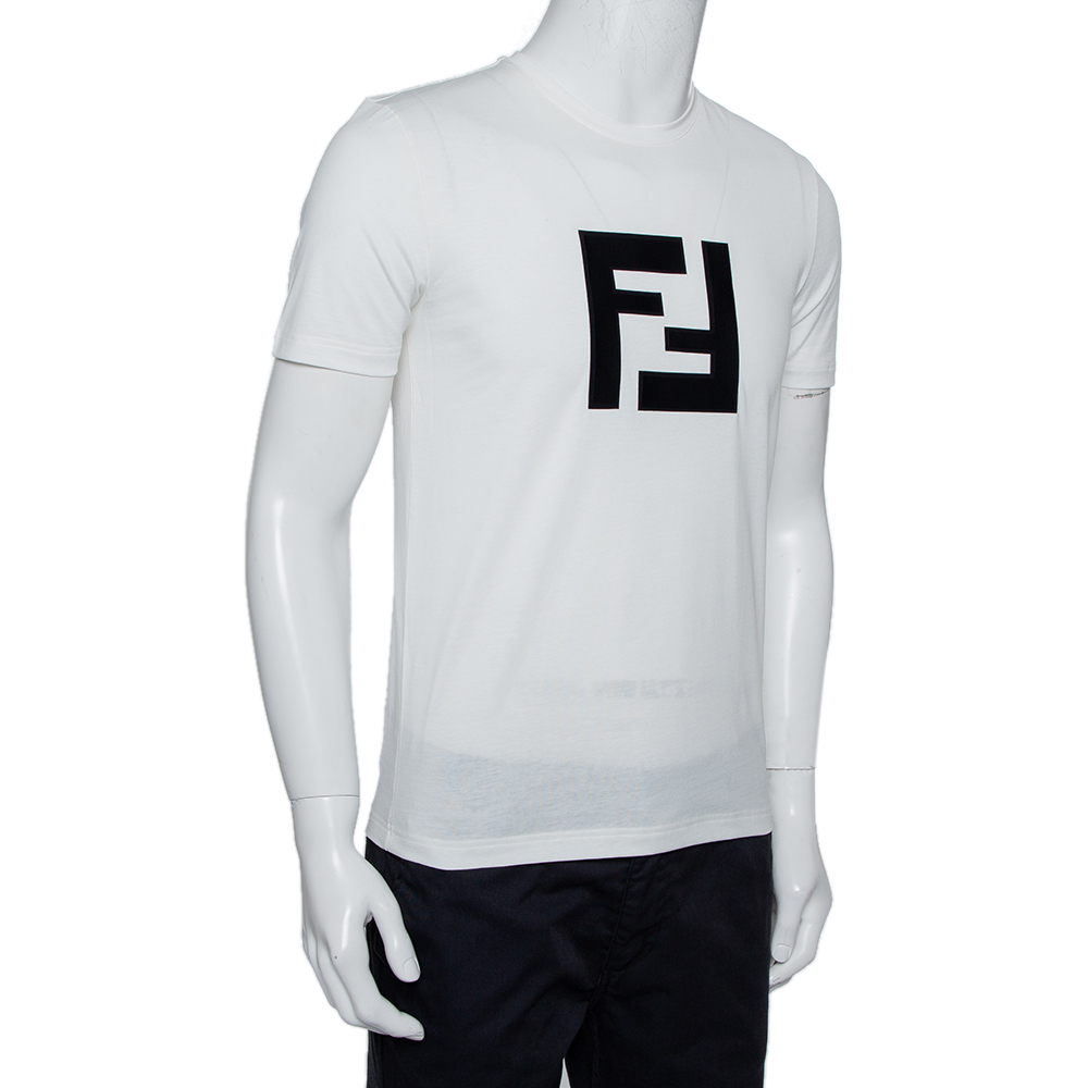 

Fendi White Logo Patched Cotton Crewneck T-Shirt