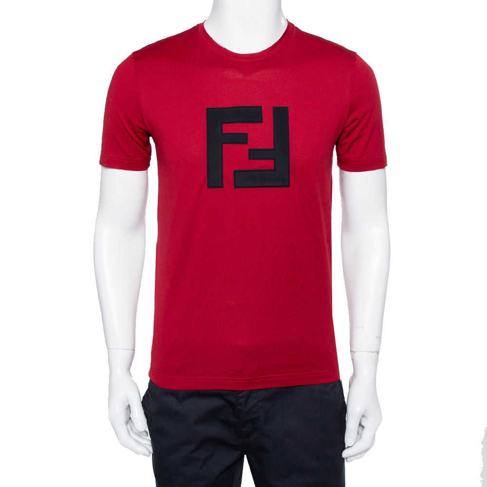 Pre-owned Fendi Burgundy Logo Patch Cotton Crewneck T-shirt S