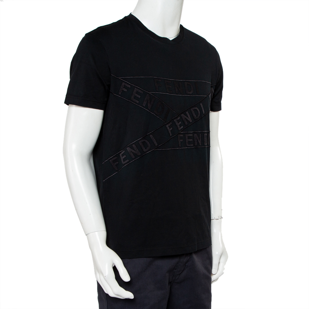 

Fendi Black Cotton Logo Detail Crewneck T-Shirt