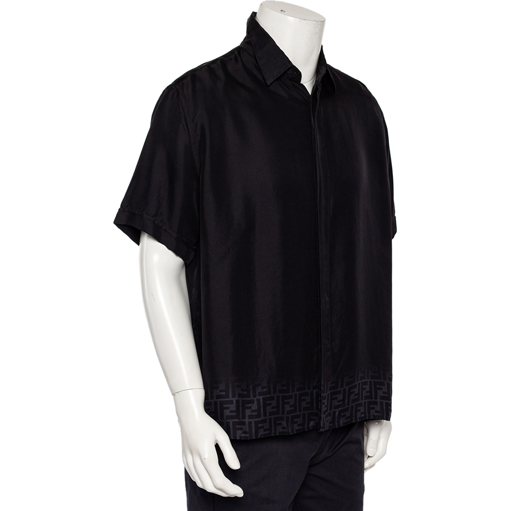 

Fendi Black Silk Logo Printed Hem Detail Short Sleeve Shirt