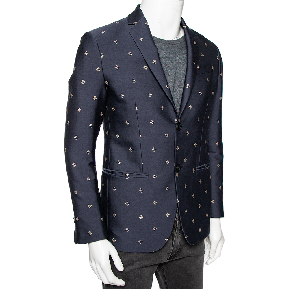 

Fendi Navy Blue Caligraphy Logo Cotton & Wool Blazer