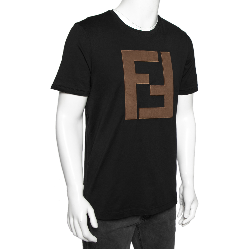 

Fendi Black Cotton Knit Logo Patch Detail Round Neck T-Shirt