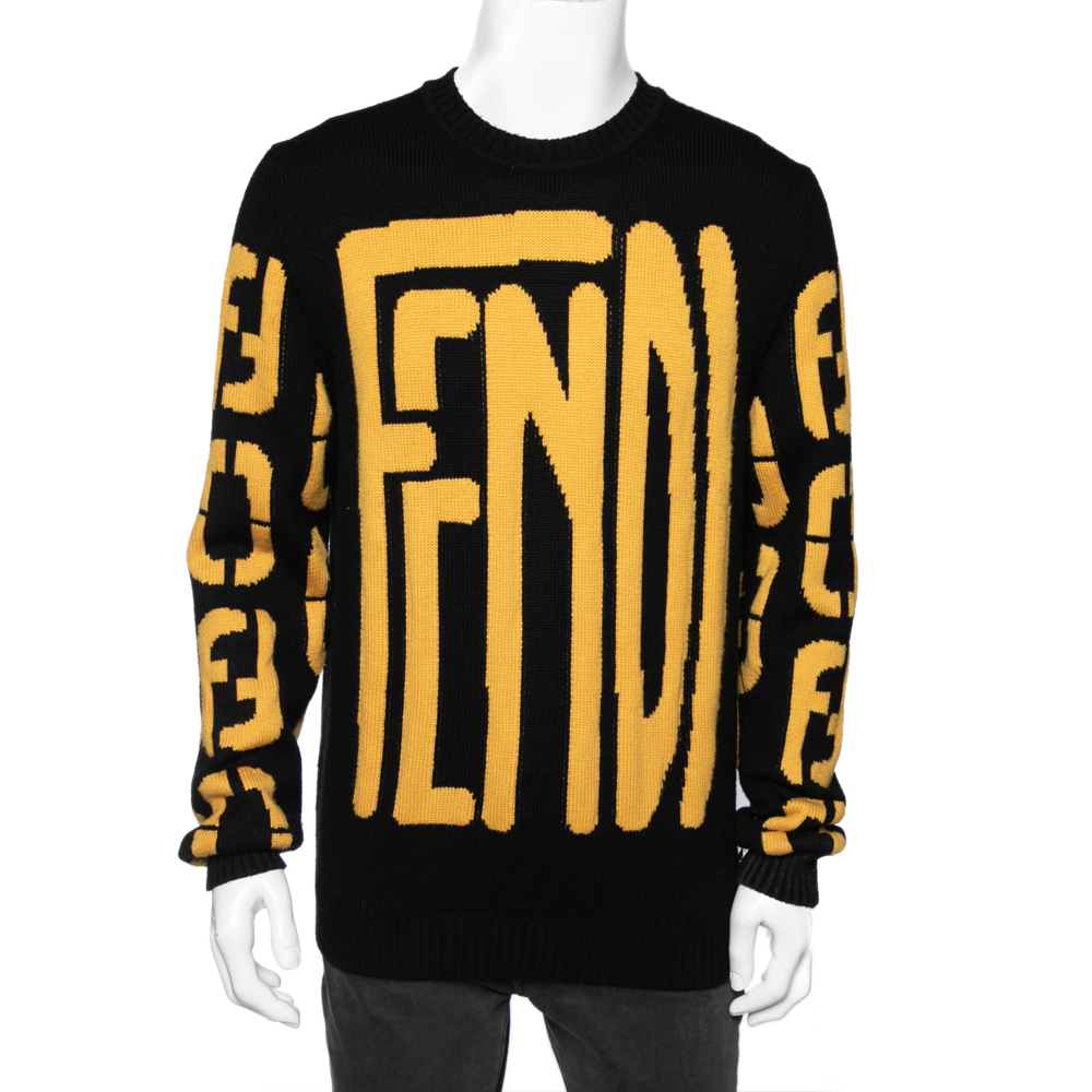 Pre-owned Fendi Black & Yellow Logo Intarsia Knit Wool Sweater L