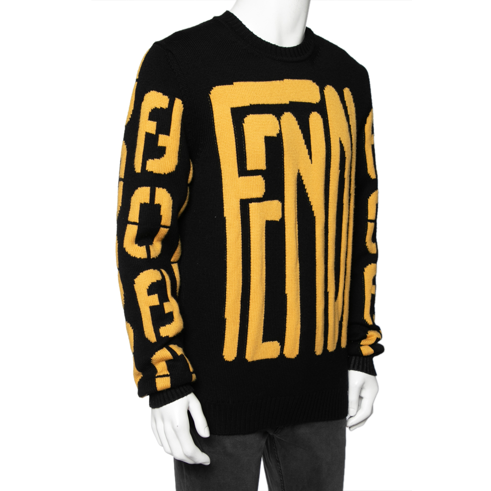 

Fendi Black & Yellow Logo Intarsia Knit Wool Sweater