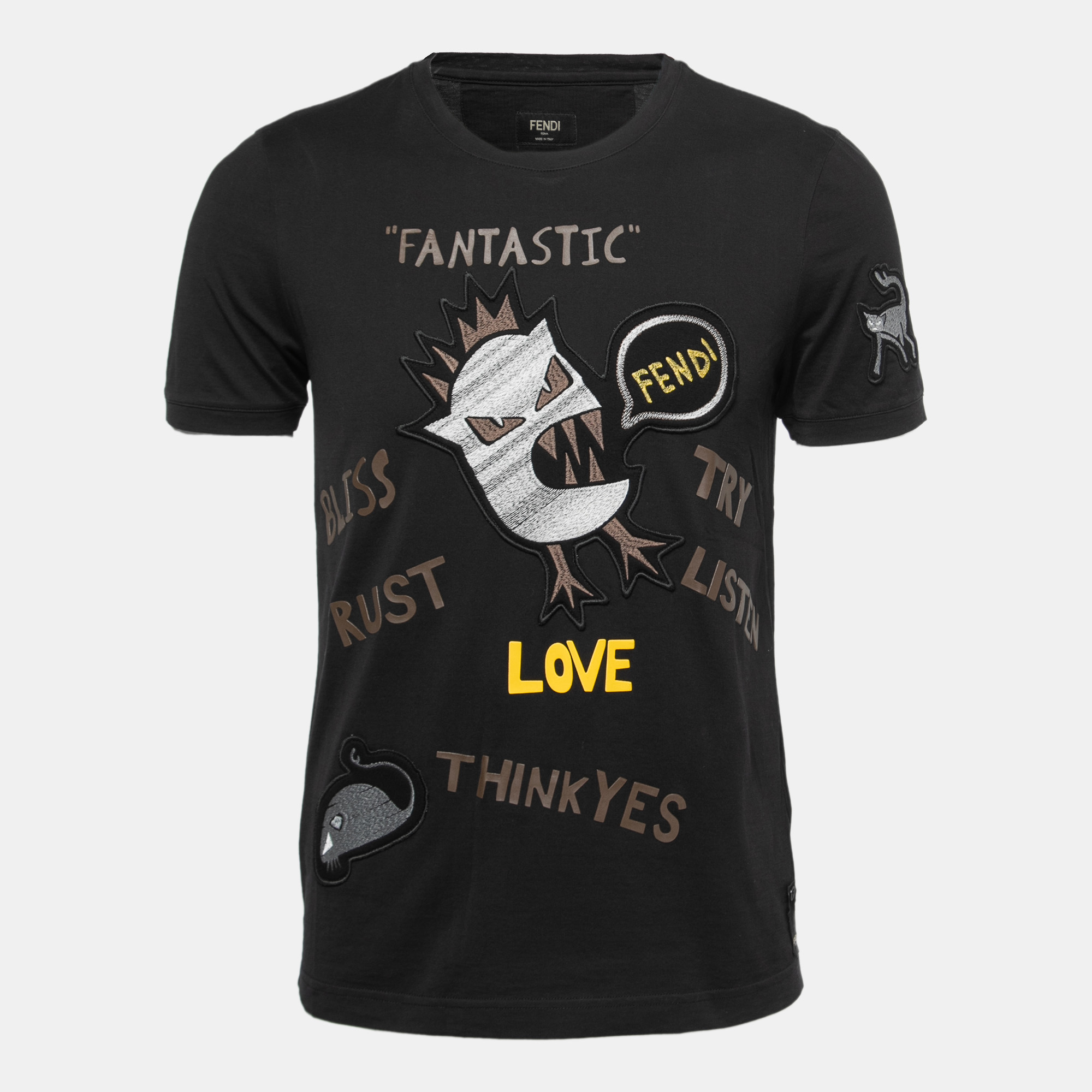 Pre Owned Fendi Black Monster Appliqued Cotton Crew Neck T-Shirt M