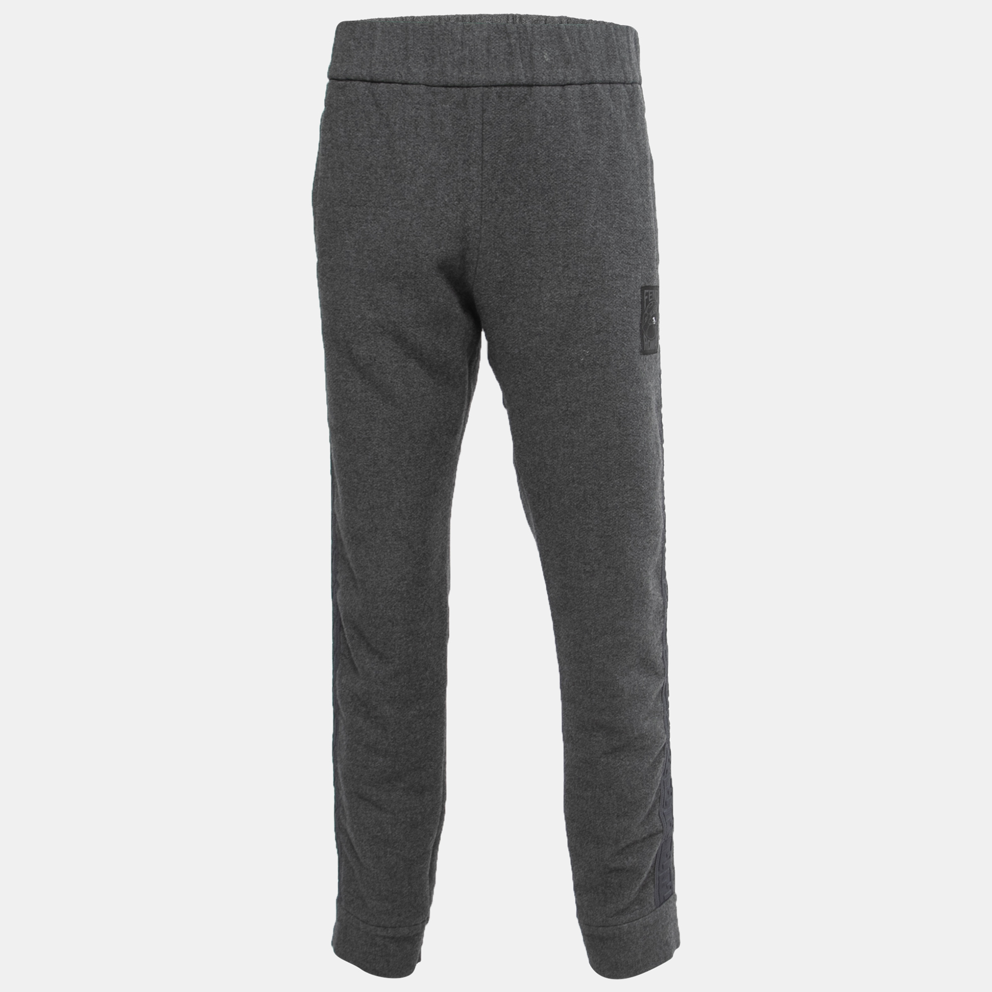 Pre-owned Fendi Grey Cashmere Blend Logo Strip Detail Trousers L