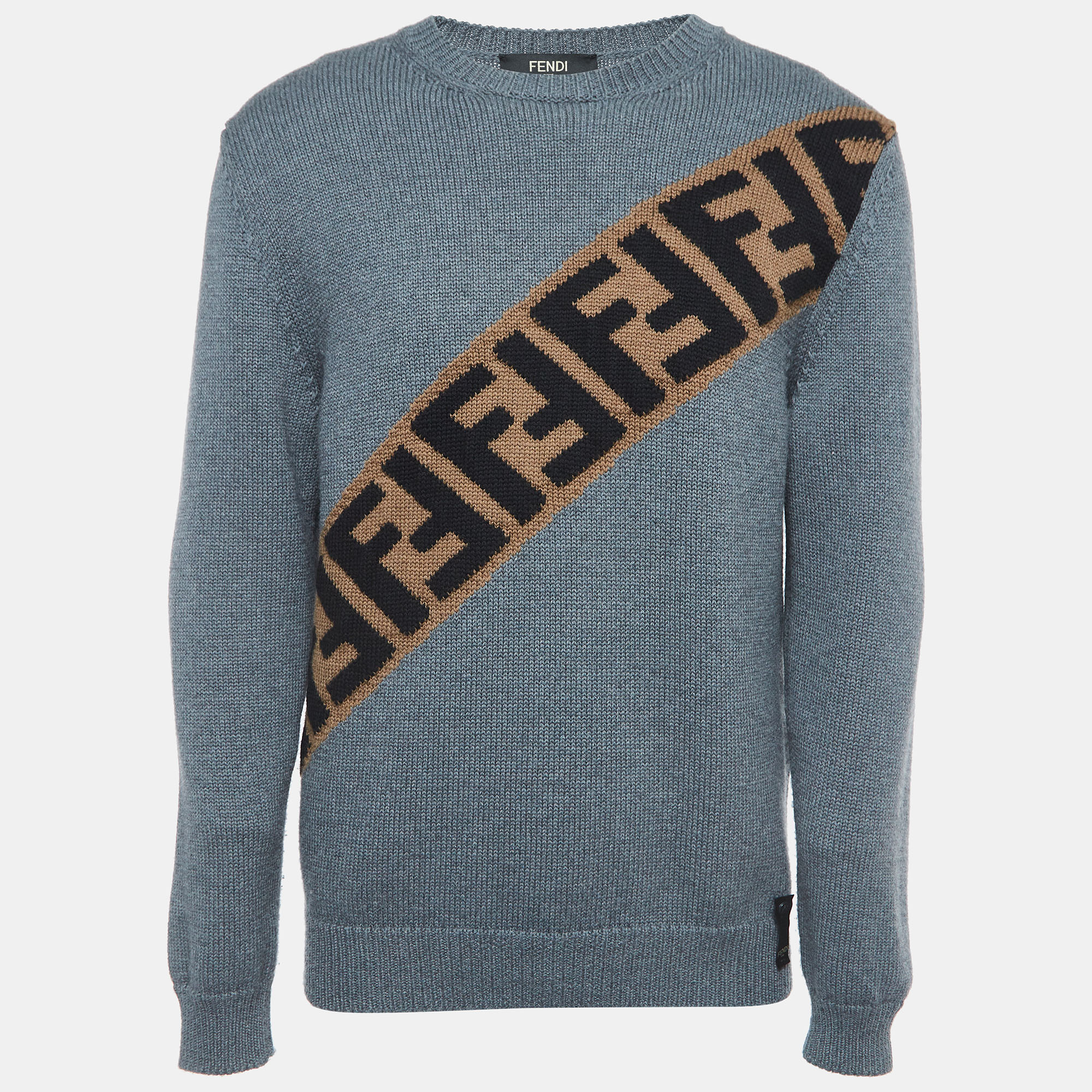 Fendi Grey Logo Jacquard Wool Knit Pullover M