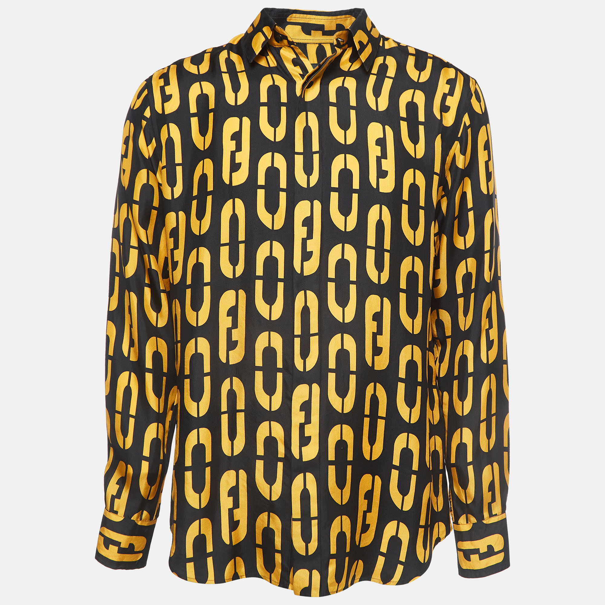Pre-owned Fendi Black/yellow Logo Print Silk Full Sleeve Shirt L