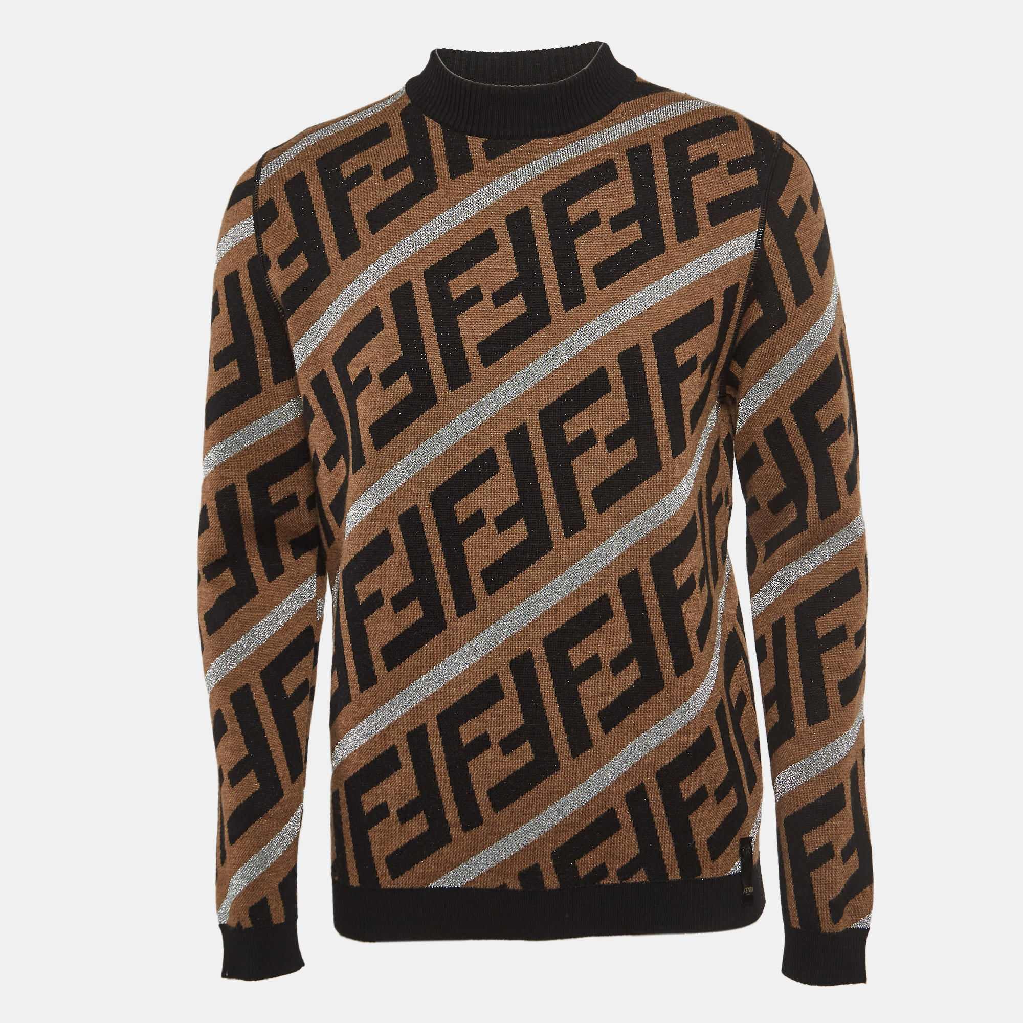 Pre-owned Fendi Brown Ff Intarsia Lurex Knit Prints-on Sweater M