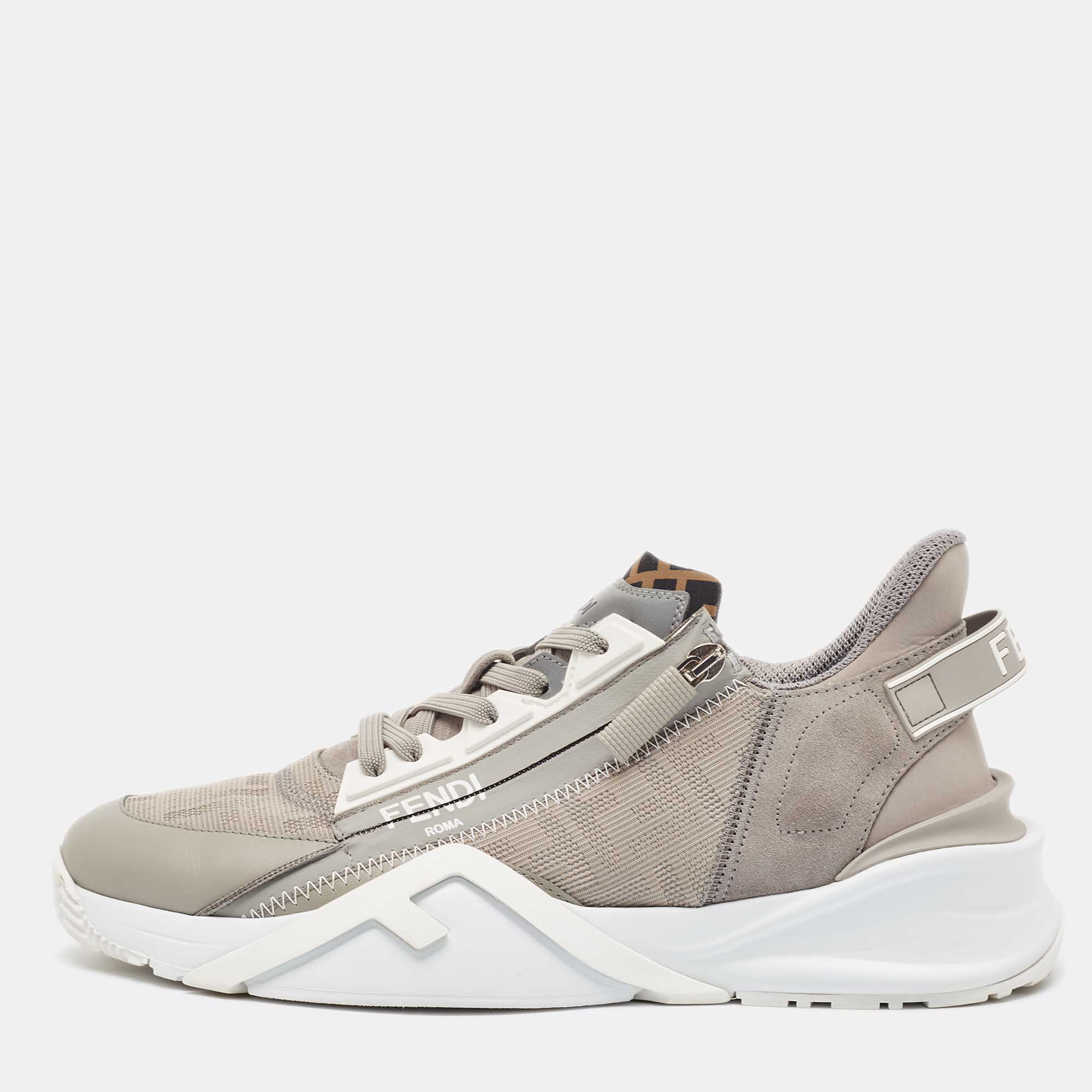 

Fendi Grey Leather and Zucca Canvas Flow Sneakers Size