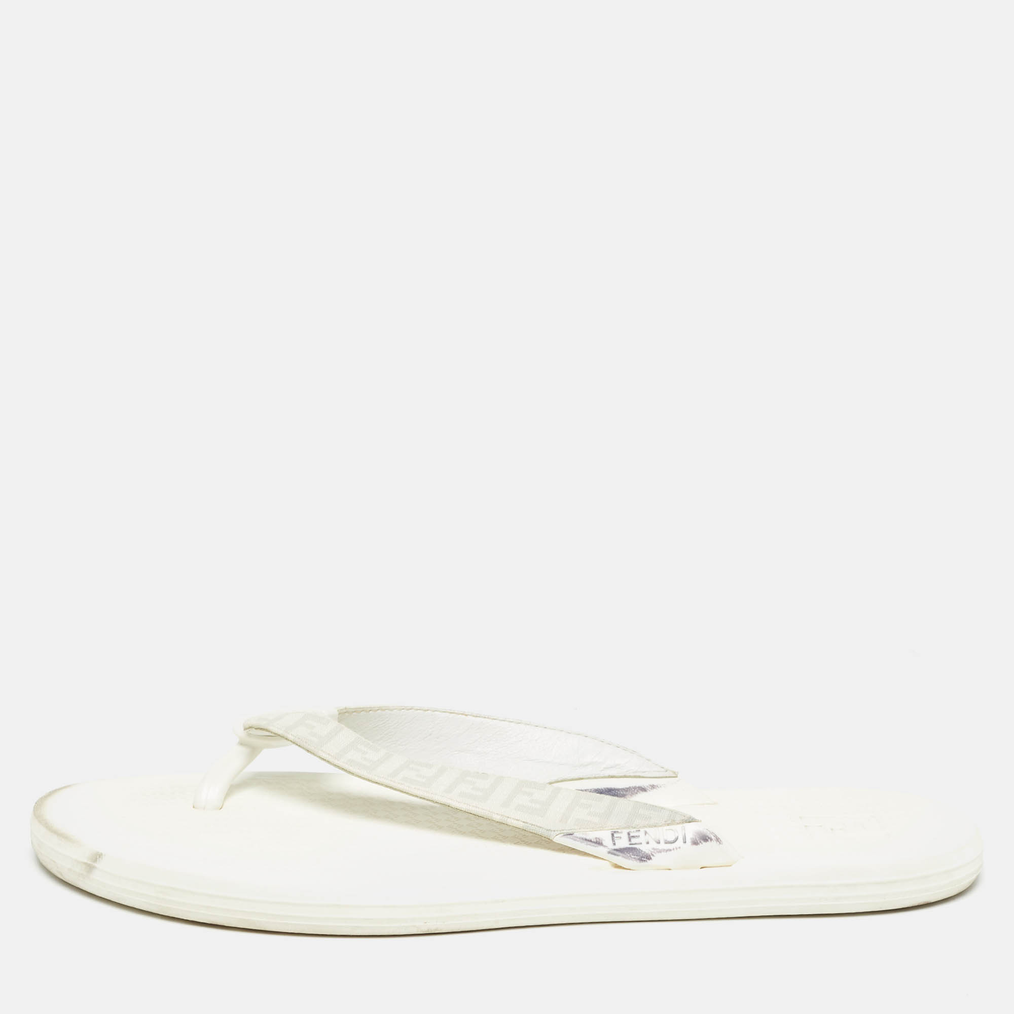 

Fendi White Zucca Coated Canvas Thong Sandals Size 45