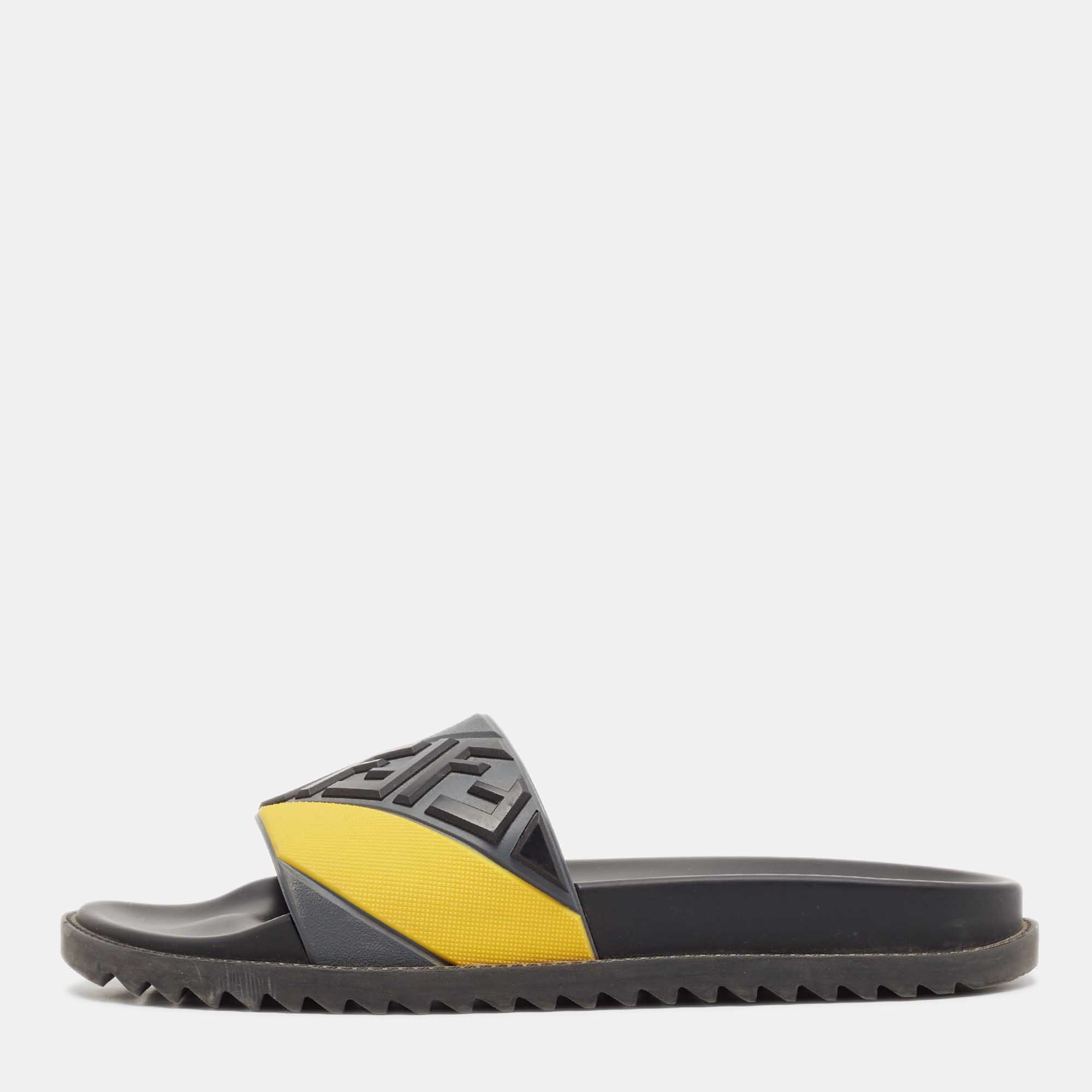 

Fendi Grey/Yellow FF Rubber Fussbett Slides Size 42