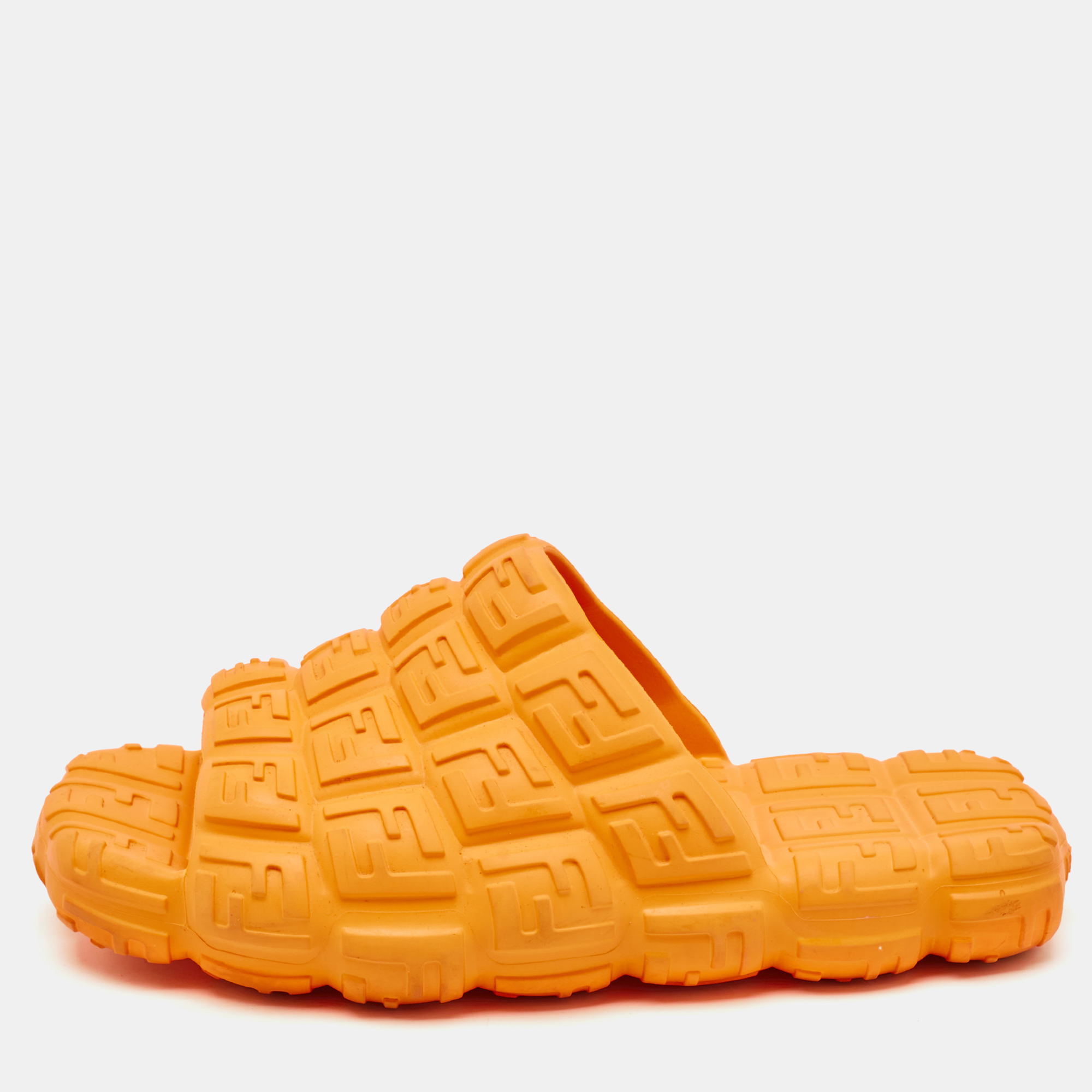 

Fendi Orange Rubber Cloud Ff Logo Slide Sandals Size 42