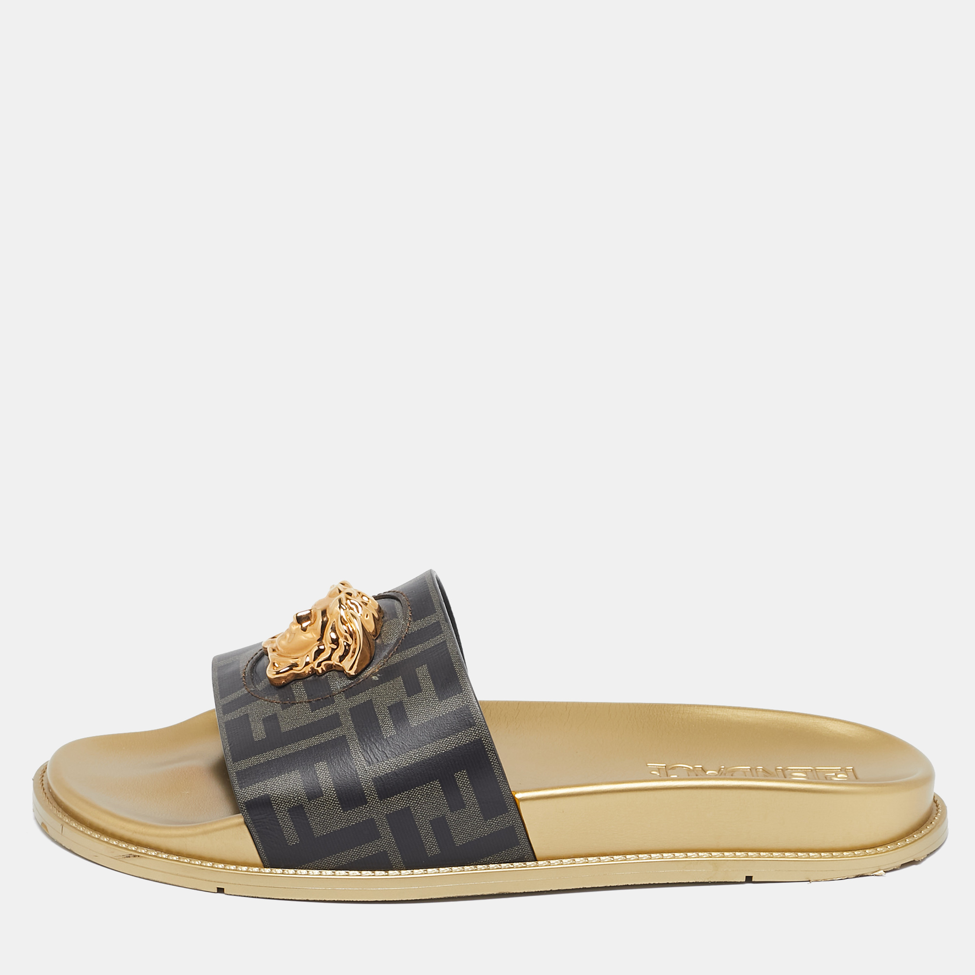 

Fendi X Versace Black Leather Fendace Slide Flats Size 43