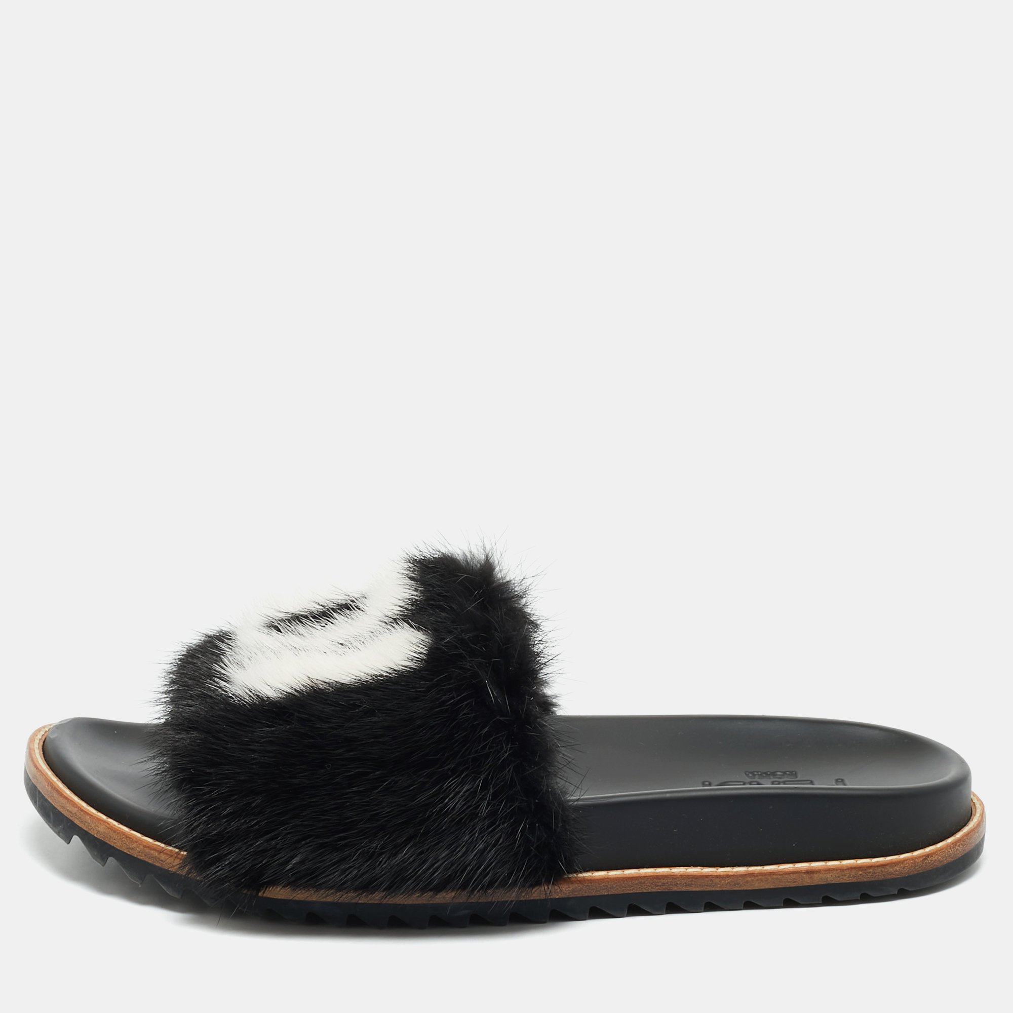 

Fendi x Fila Black Mink Fur Logo Mania Slide Sandals Size 41
