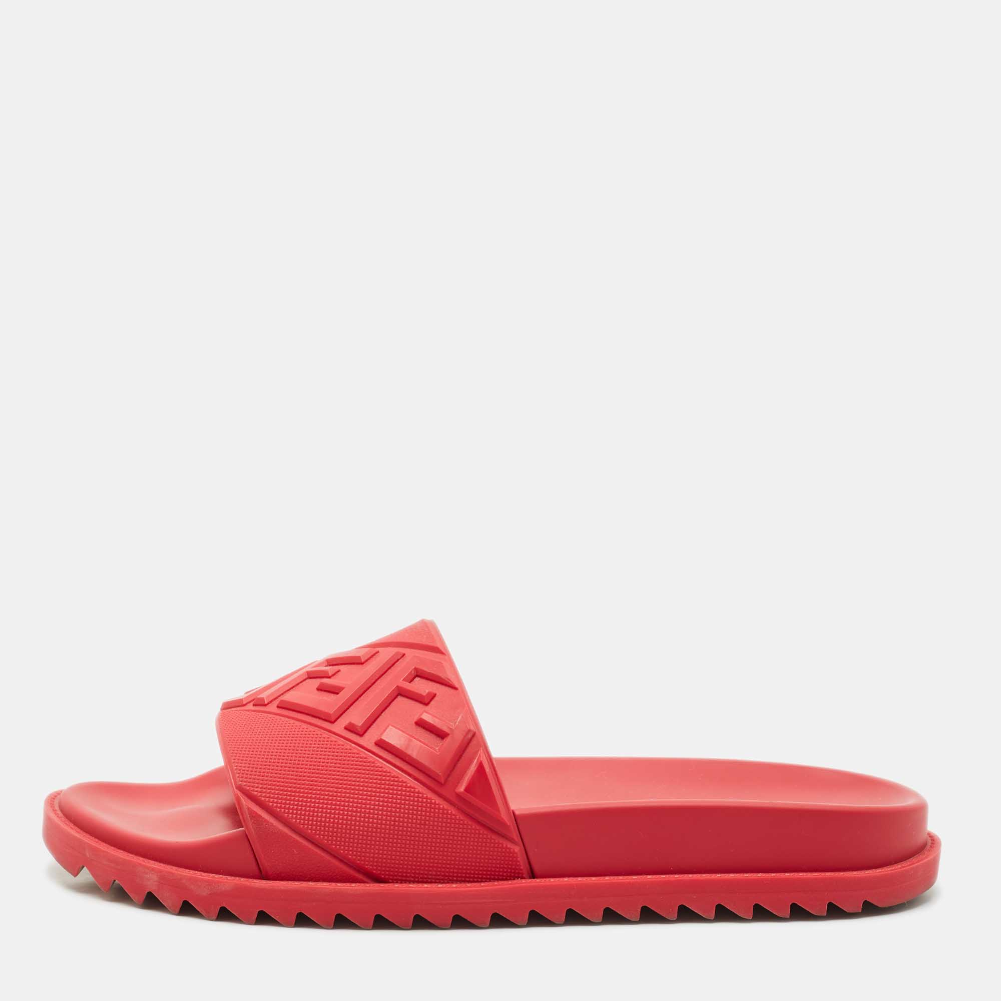 

Fendi Red Rubber FF Embossed Logo Pool Slide Sandals Size 42