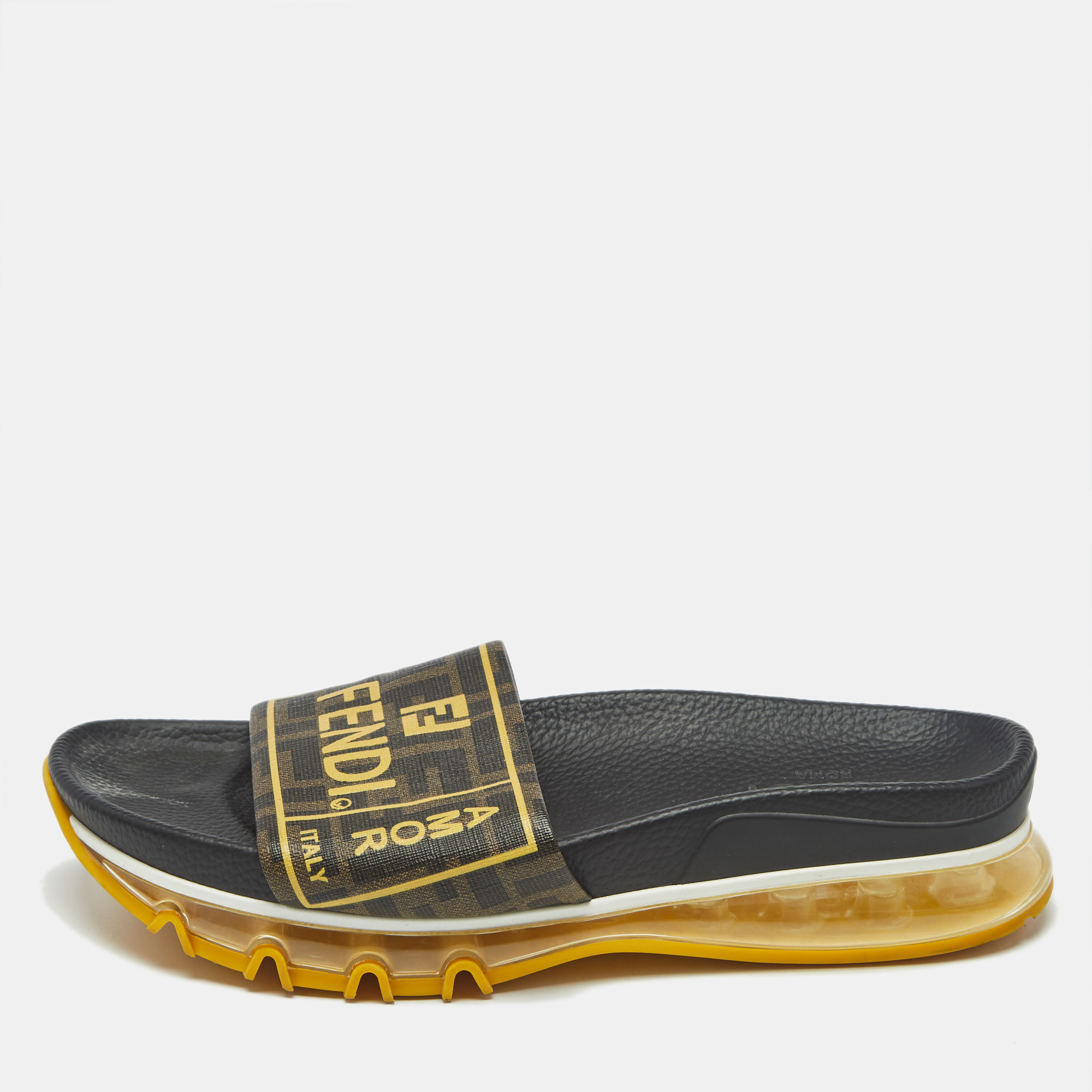 Pre-owned Fendi Brown Zucca Logo Print Coated Canvas Clear Sole Slide Sandals Size 41.5