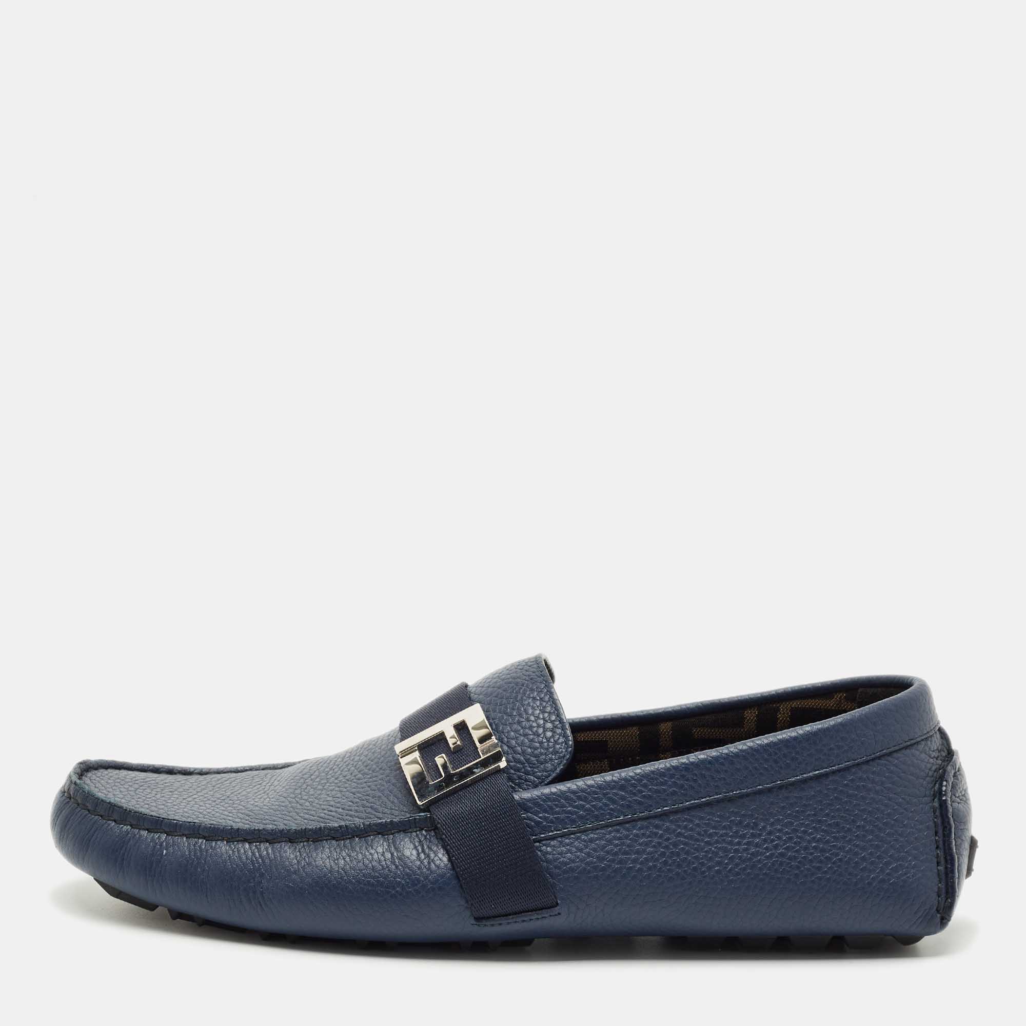 

Fendi Navy Blue Leather FF Logo Slip On Loafers Size 43