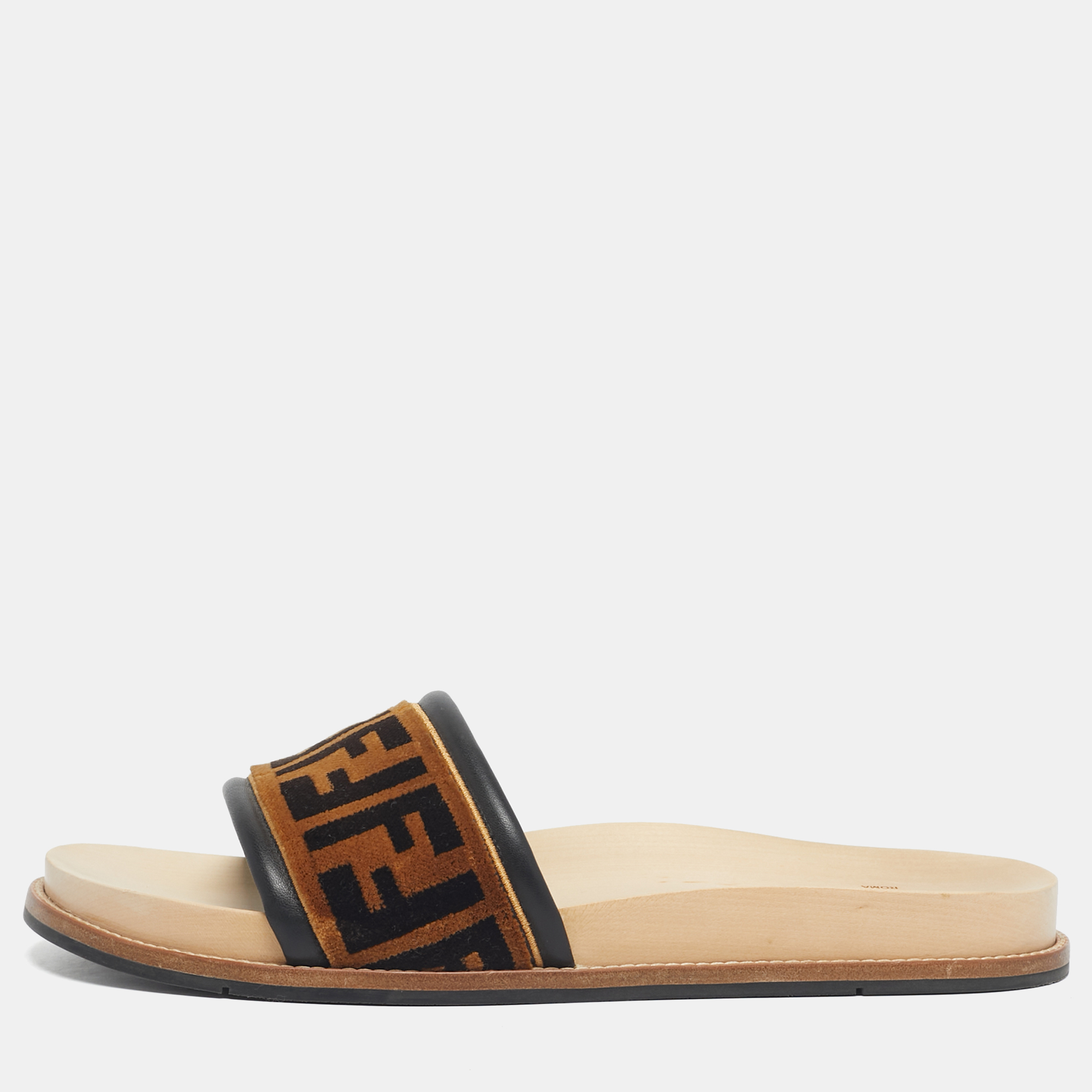 Fendi Brown Velvet Zucca Flat Slide Size 45