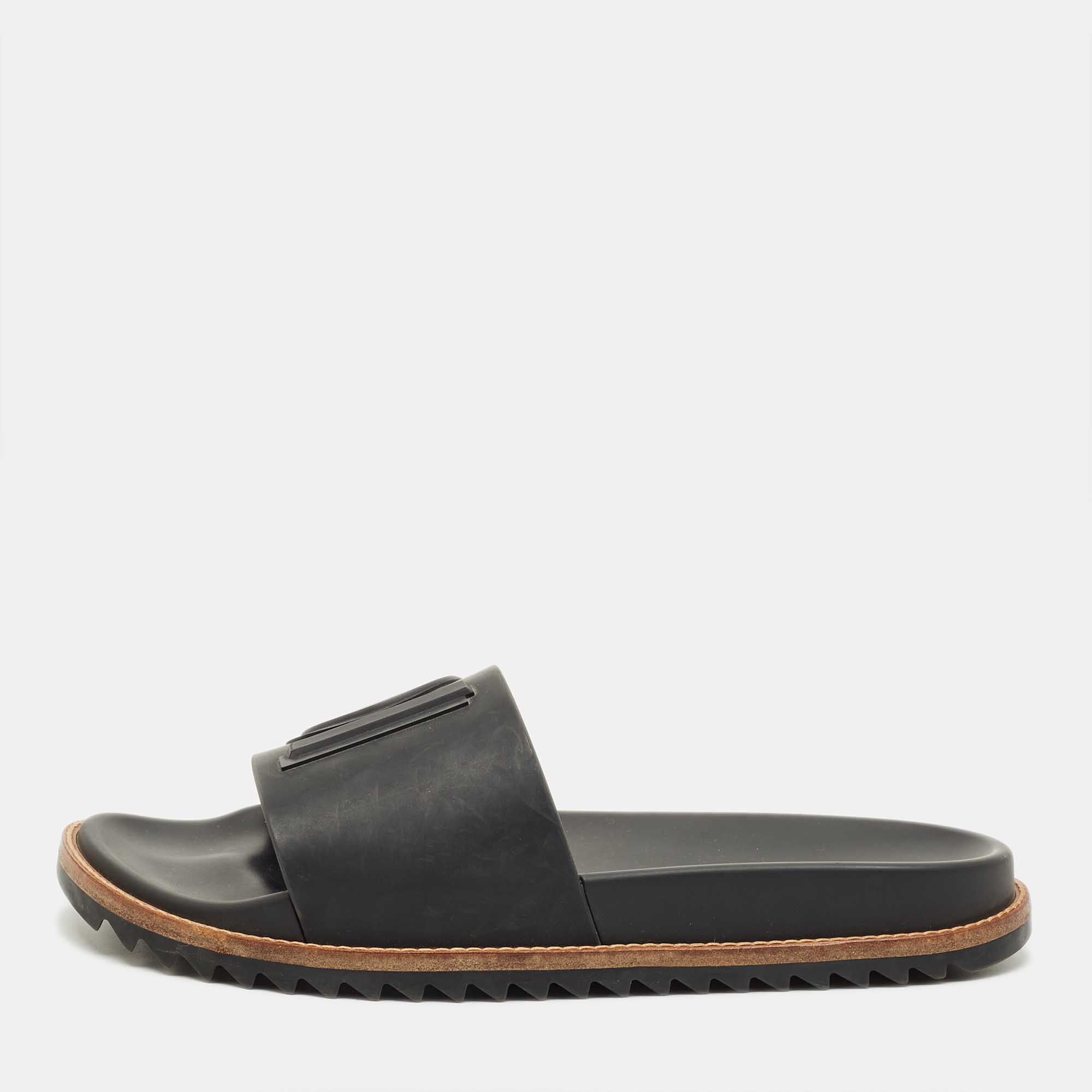 Pre-owned Fendi Black Rubber Ff Logo Ppool Slides Size 41